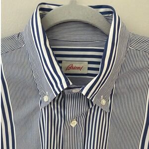 Brioni Mens XL Blue White Striped Cotton Button Down Shirt Made in Italy